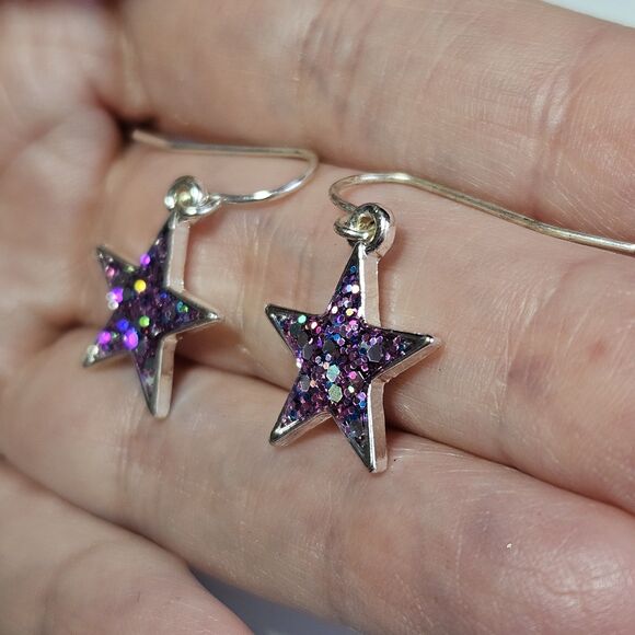 Silver Tone Dainty Pink Glitter Inlay Stars Dangling Earrings - Picture 2 of 11